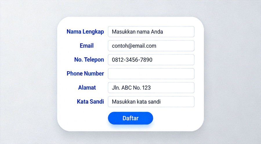 Contoh tampilan antarmuka formulir pendaftaran online dengan berbagai kolom isian data