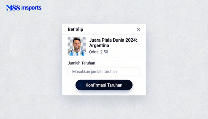 Contoh tampilan slip taruhan atau bet slip di platform M88 msports tempat pengguna memasukkan jumlah taruhan dan mengonfirmasi