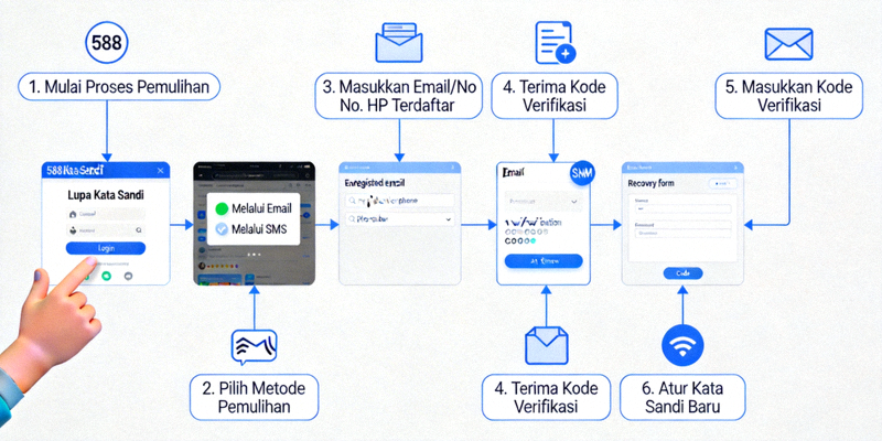 Diagram alur proses pemulihan password akun M88 melalui email atau SMS