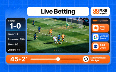 Ilustrasi fitur live betting atau in-play betting di M88 msports dengan statistik pertandingan yang update