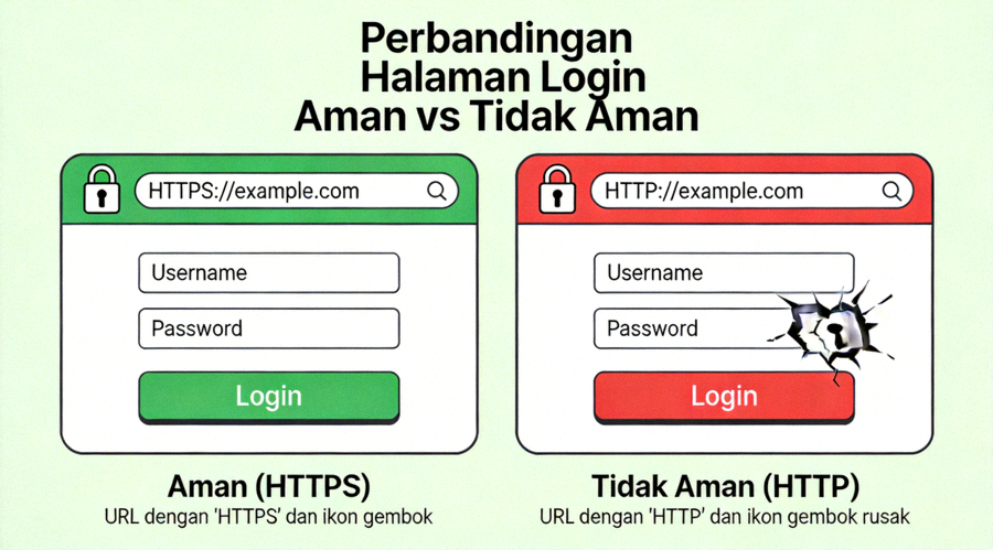 Ilustrasi perbandingan halaman login yang aman dengan protokol HTTPS dan yang tidak aman